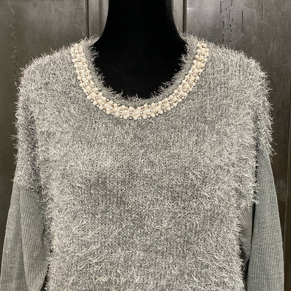 Questions by Say What? Gray fluffy sweater w/rhinestones &beads- medium - Picture 4 of 11